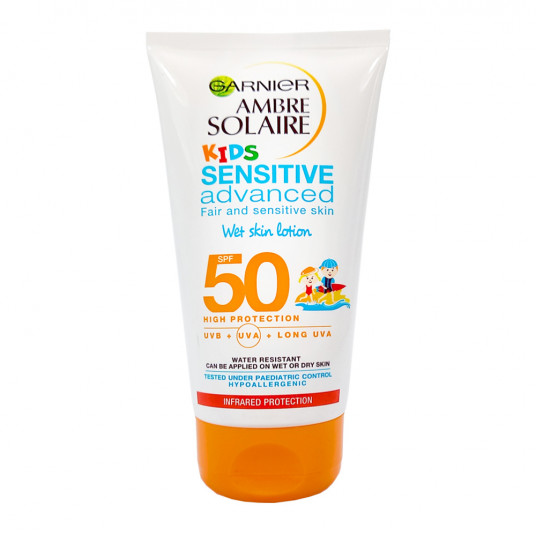 Garnier, Ambre Solaire – Vaikams jautrus pažangus, be parabenų, apsauga nuo elementų, kremas nuo saulės, SPF 50+, 150 ml