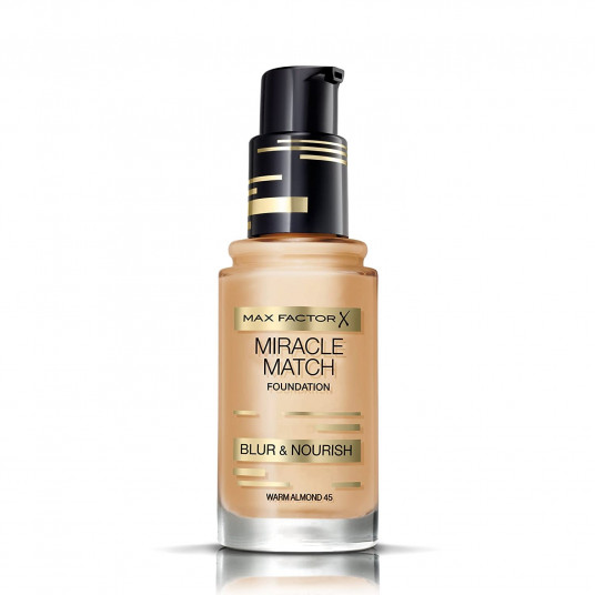 Max Factor, Miracle Match, be aliejaus, skystas pagrindas, 45, šiltas migdolas, 30 ml
