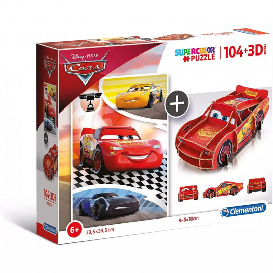 Clementoni, SuperColor, 2 in 1 - Cars 3D, Puzzle, 104 pcs, For Boys, 6+ years