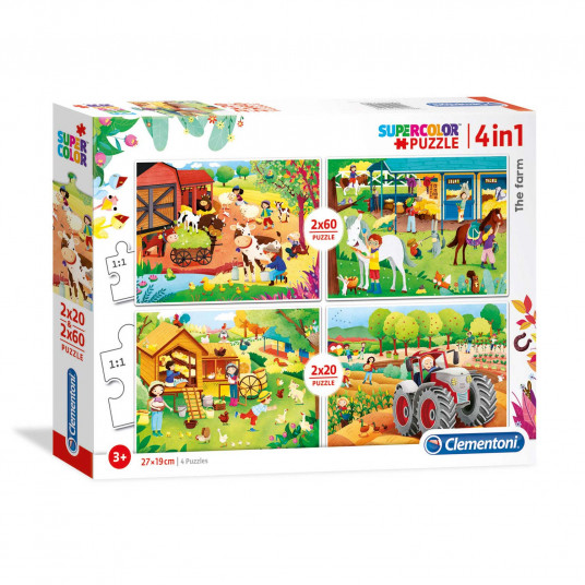 Clementoni, SuperColor 4 in 1, The Farm, Puzzle, 2 x 20 + 2 x 60 pcs, Unisex, 3+ years