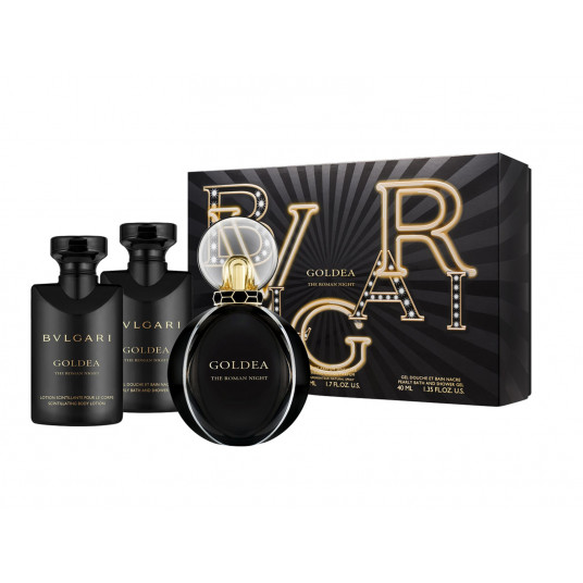 The Roman Night Set Bvlgari: Goldea The Roman Night Sensuelle, drėkinamasis, kūno losjonas, 40 ml + Goldea The Roman Night Sensuelle, valomasis, dušo želė, visų tipų odai, 40 ml + Goldea The Roman Night Sensuelle, kvepalų vanduo, skirtas Moterys, 50 ml