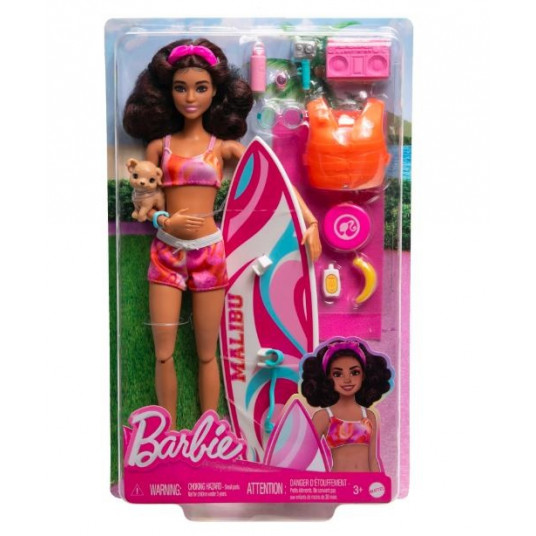 Barbie Doll with Surfboard and Puppy, Poseable Brunette Barbie Beach Doll