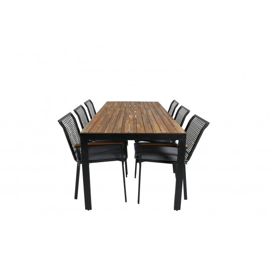Lauko stalas Bois 205x90 cm, Juodos kojos/Akacija+6 valgomojo kėdės Dallas