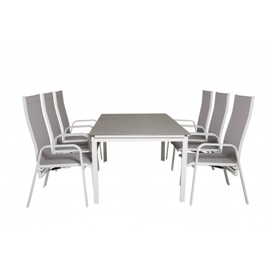 Lauko stalas Lygiai 160x240 cm, Balta/Pilka+6 valgomojo kėdės Copacabana