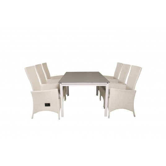 Lauko stalas Lygiai 160x240 cm, Balta/Pilka+6 valgomojo kėdės Padova