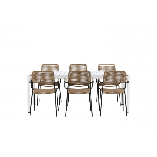 Lauko stalas Togo 200x100 cm, Balta/Tikmedis + 6 valgomojo kėdės Lindos