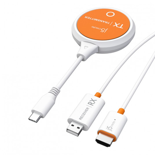 j5create ScreenCast USB-C belaidžio ekrano HDMI Extender garso/vaizdo siųstuvas ir imtuvas; spalva balta JVAW62-N