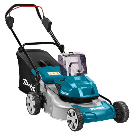 Makita DLM460PT2 žoliapjovė Stumiama vejapjovė Baterija Juoda, Mėlyna, Pilka