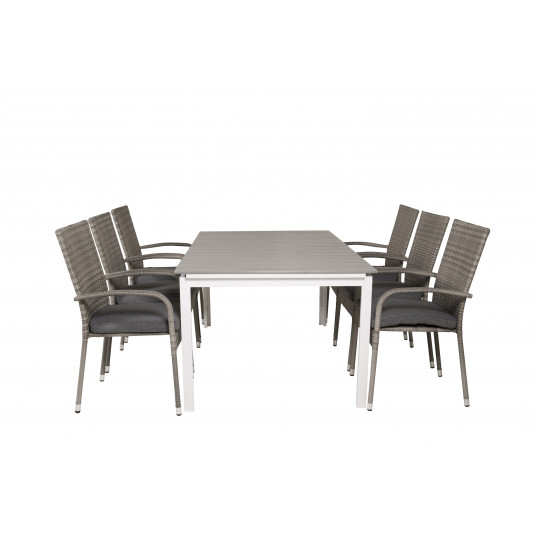 Lauko stalas Lygiai 160x240 cm, Balta/Pilka+6 valgomojo kėdės Anna