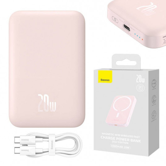 Baseus Magnetic Mini 6000mAh 20W MagSafe rožinė