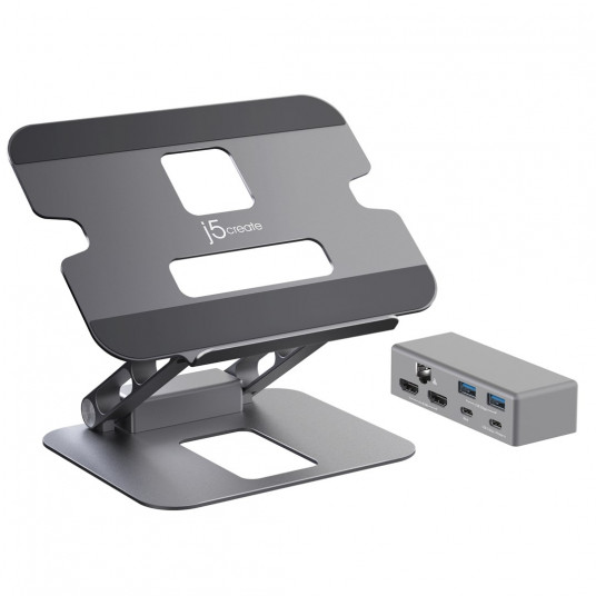 Ergonomiškas nešiojamojo kompiuterio stovas su prijungimo stotele j5create Multi-Angle Dual HDMI Docking Stand USB-C 2xHDMI/2xUSB 3.1/1xUSB-C/1xRJ45 Gigabit; sidabro spalvos JTS427-N