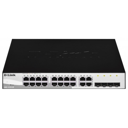 D-LINK DGS-1210-20, Gigabit Smart Switch su 16 10/100/1000Base-T prievadų ir 4 Gigabit MiniGBIC (SFP) prievadais, 802.3x srauto valdymu, 802.3ad Link Agregation, 802.1Q VLAN, 802 Queues. Prievado atspindėjimas, Jumbo Frame palaikymas, 802.1D STP, ACL, LLD