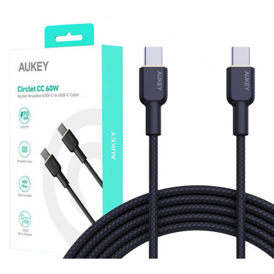 AUKEY CB-NCC2 USB-C Type-C Power Delivery PD 60W 3A 1,8m Nailonas Juoda