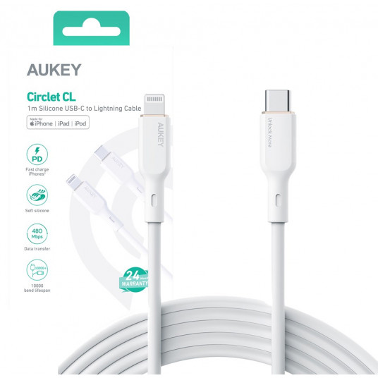 AUKEY CB-SCL2 Power Delivery USB C - Lightning Apple 1,8m 27W 3A silicio kabelis baltas