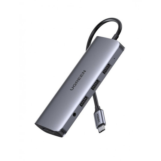 UGREEN HUB 10in1 USB-C į HDMI 4K, 3x USB 3.0, Type-C PD, RJ45, SD, Micro SD, VGA, AUX (pilka)