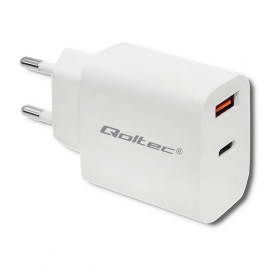 Qoltec 18W | 5-12V | 1,5-3A | USB tipo C PD | USB QC 3.0 | Baltas