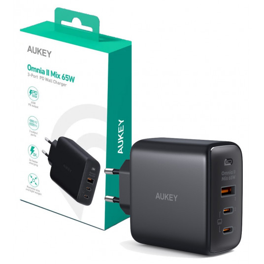 AUEKY Omnia II Mix PA-B6T Maitinimo tinklo įkroviklis 1x USB 2x USB-C Power Delivery 3.0 65W Juoda