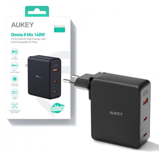 Maitinimo tinklo įkroviklis AUKEY PA-B7O Omnia II GaN 2xUSB-C 1xUSB-A PD 3.1 PPS 140W EU/US/UK