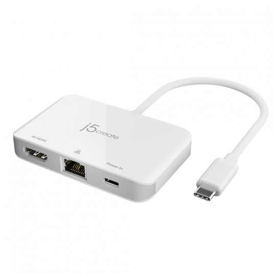 Prisijungimo stotelė j5create USB-C į 4K HDMI Ethernet adapteris 1x4K HDMI/1xUSB-C/1xRJ45 Gigabit; spalva balta JCA351-N