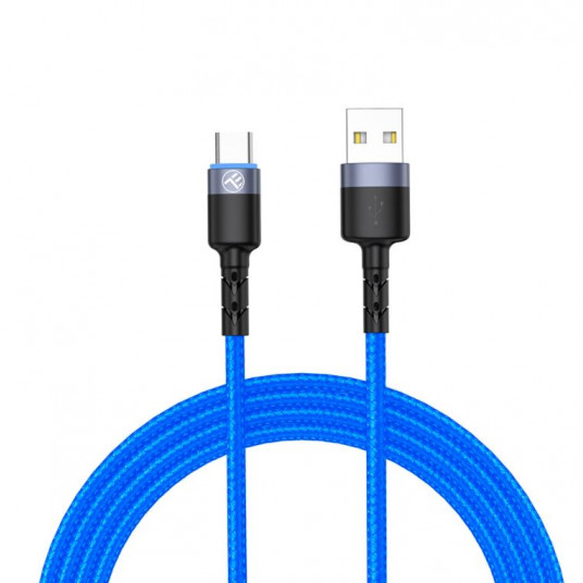 „Tellur“ duomenų kabelis USB prie C tipo su LED lempute, 3A, 1,2 m mėlynas