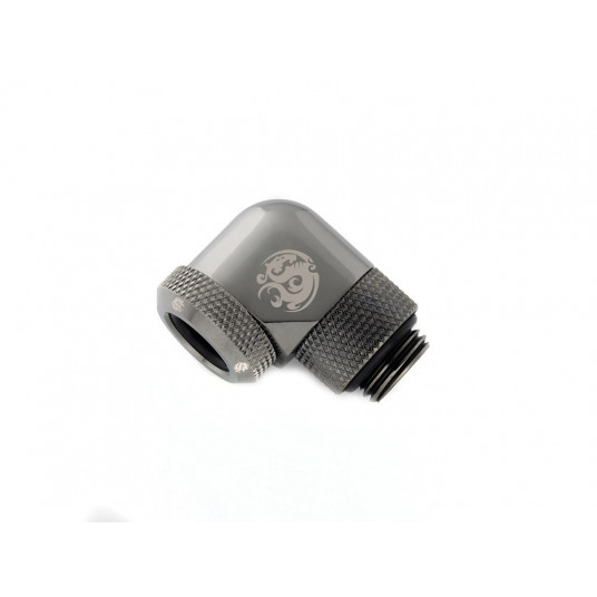 „Bitspower Multi-Link“ adapterio jungtis, 90 laipsnių G1/4 colio kištukas iki 12 mm OD kietojo vamzdelio – pasukama, pilka