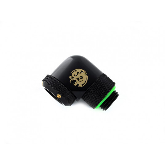 „Bitspower Multi-Link“ adapterio jungtis, 90 laipsnių G1/4 colio vyriškis iki 12 mm OD kieto vamzdelio – pasukamas, juodas matinis