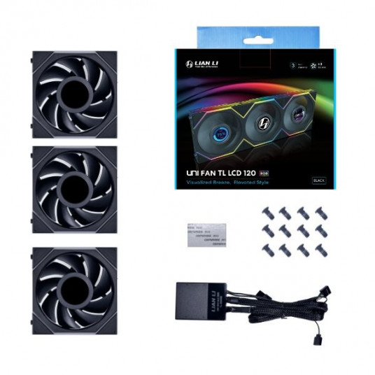 Lian Li UNI FAN TL LCD serijos ventiliatorius, 3 paketai su valdikliu – 120 mm, juodas