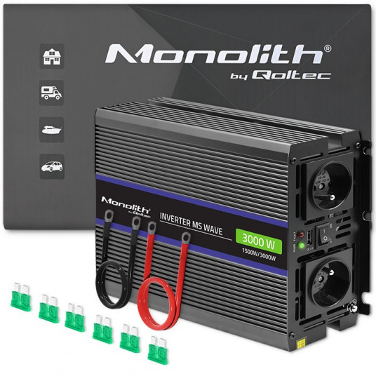 Qoltec Monolith 3000 MS bangų įtampos keitiklis | nuo 12V iki 230V | 1500/3000W | USB