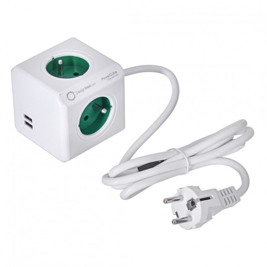 PowerCube Extended 4 lizdai 2x USB 1,5m žalia