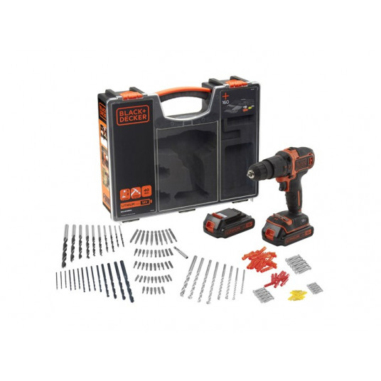 BLACK+DECKER SPŪGINIS ATSUKTUKAS 18V‐2x1,5Ah Li-ION + PRIEDAI + ORGANIZATORIUS