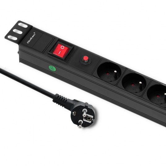 Qoltec CB nuo viršįtampių maitinimo juosta, skirta 19" RACK spintelei | 1U | 16A | PDU | 6xFRENCH | 2m
