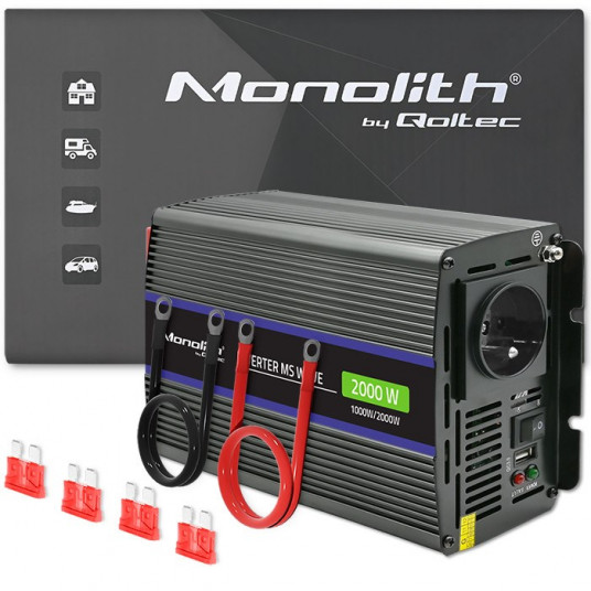 Qoltec Monolith 2000 MS bangų įtampos keitiklis | nuo 12V iki 230V | 1000/2000W | USB