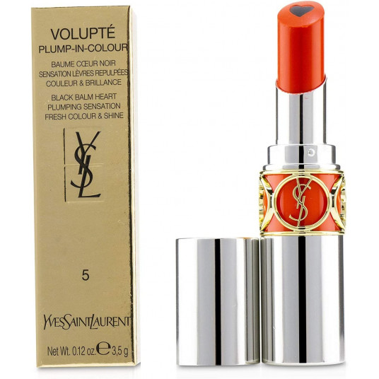 Yves Saint Laurent, sodrios spalvos Volupte, gaiva spalva ir blizgesys, lūpų putlinimo priemonė, 5, Delirious Orange, 3,5 g