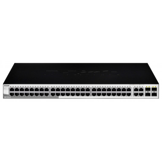 D-LINK DGS-1210-52, Gigabit Smart Switch su 48 10/100/1000Base-T prievadais ir 4 Gigabit MiniGBIC (SFP) prievadais, 802.3x srauto valdymu, 802.3ad Link Agregation, 802.1Q VLAN, 802 pirmumo. Prievado atspindėjimas, Jumbo Frame palaikymas, 802.1D STP, ACL,