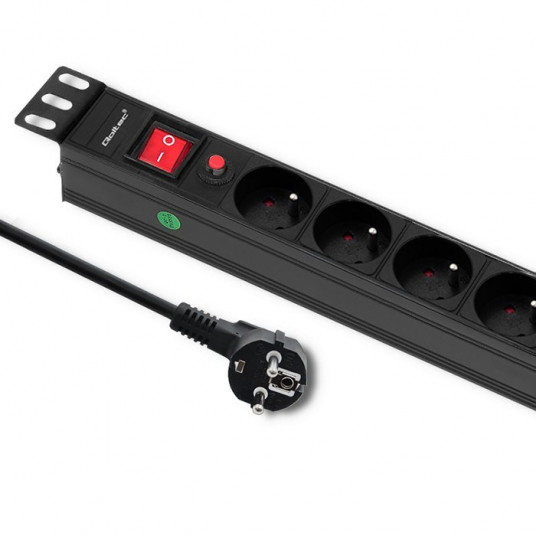 Qoltec CB nuo viršįtampių maitinimo juosta 19" RACK spintelei | 1U | 16A | PDU | 8xFRENCH | 2m