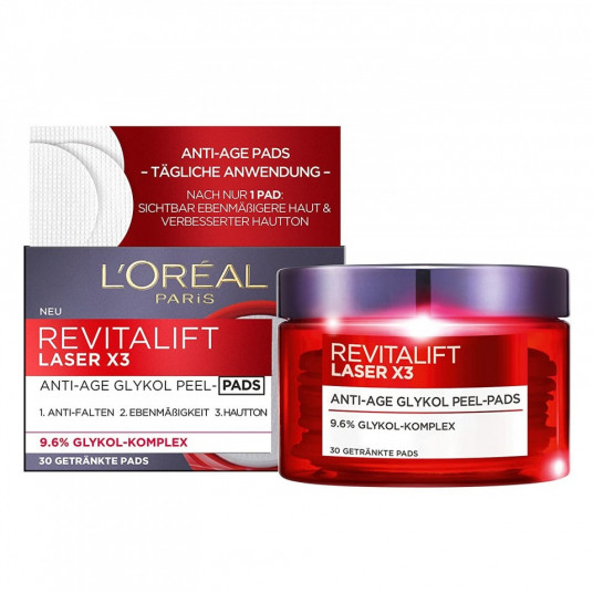 L'Oreal Paris, Revitalift Laser X3, glikolio rūgštis, senėjimą stabdantis, nulupamos pagalvėlės, 30 vnt.