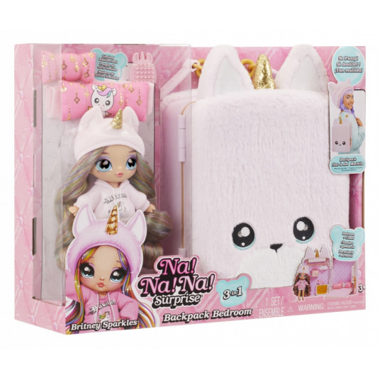 Na Na Na Surprise 3-in-1 Backpack Bedroom Unicorn Playset Britney Sparkles Fashion Doll