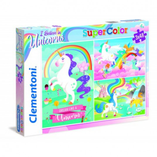 Clementoni, Aš tikiu vienaragiais, Dėlionė, 3x48 vnt., Mergaitėms, nuo 4 metų