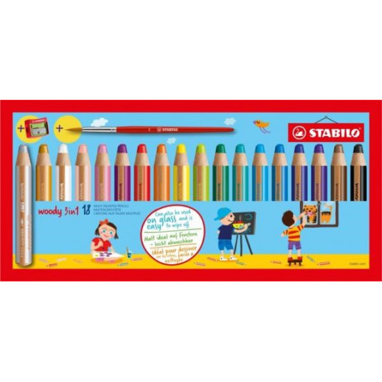 Wooden crayons STABILO woody 3 in 1 case 18 pcs. with sharpener and brush 880/18-1