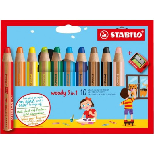 Crayons 10 colours STABILO woody 3 in 1 case with sharpener 880/10-2