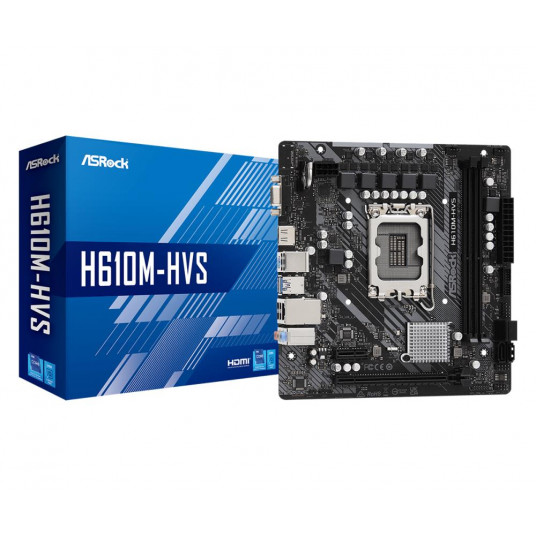 Mainboard|ASROCK|Intel H610|LGA1700|MicroATX|Memory DDR4|Memory slots 2|1xPCI-Express 3.0 1x|1xPCI-Express 4.0 16x|1x15pin D-sub|1xHDMI|2xAudio-In|1xAudio-Out|4xUSB 2.0|2xUSB 3.2|1xPS/2|1xRJ45|H610M-HVS