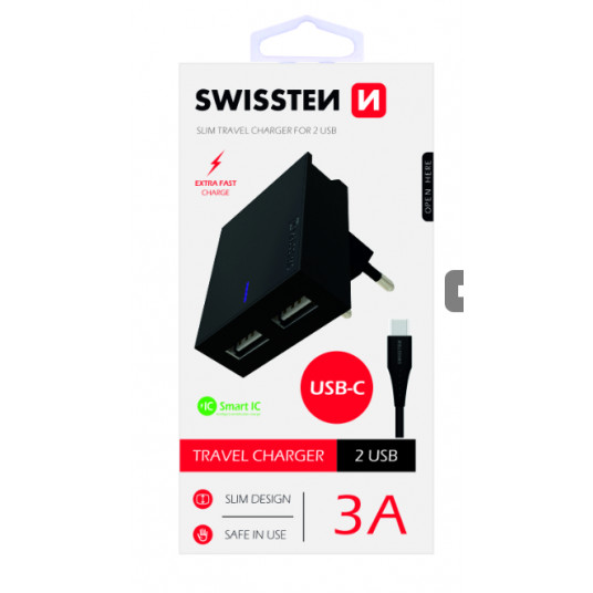 Swissten Premium Travel Charger USB 3А / 15W With USB-C Cable 1.2m