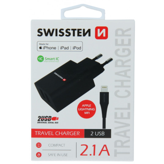 Swissten Smart IC Travel Charger 2x USB 2.1A with Lightning MFI Cable 1.2 m