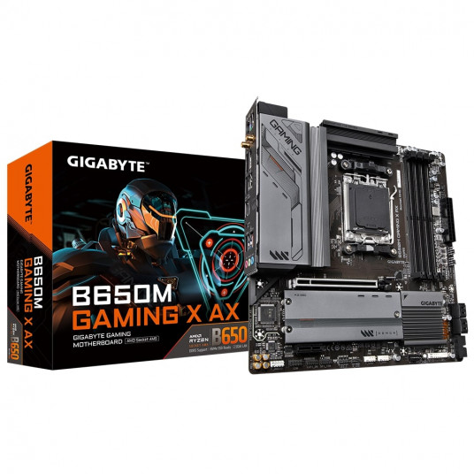  Gigabyte B650M GAMING X AX 1.1 M/B Processor family AMD, Processor socket AM5, DDR5 DIMM, Memory slots 4, Supported hard disk drive interfaces 	SATA, M.2, Number of SATA connectors 4, Chipset B650, Micro ATX 