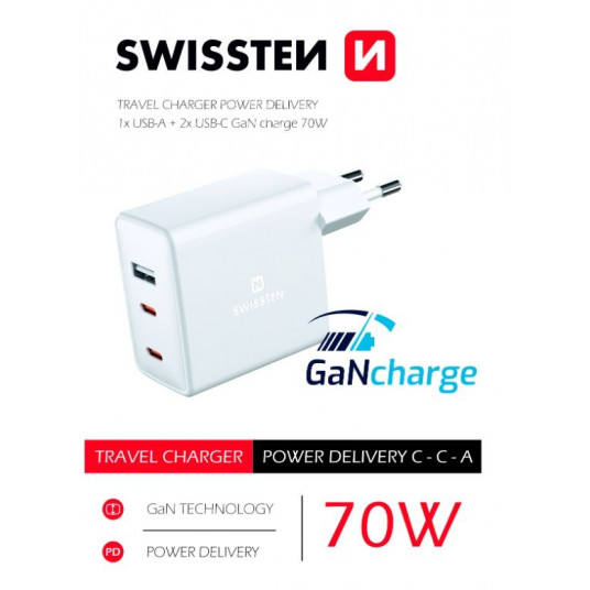 Swissten GaN Travel Charger 2 x USB-C / USB / 70W