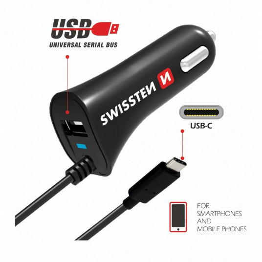  Swissten Premium Car charger 12 / 24V / 2.4A + non-detachable USB-C Data Cable 100 cm Black 