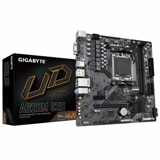 Gigabyte A620M S2H 1.0 M/B Processor family AMD, Processor socket AM5, DDR5 DIMM, Memory slots 2, Supported hard disk drive interfaces SATA, M.2, Number of SATA connectors 4, Chipset AMD A620, Micro ATX