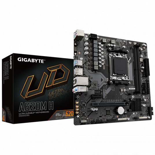 Gigabyte A620M H 1.0 M/B Processor family AMD, Processor socket AM5, DDR5 DIMM, Memory slots 2, Supported hard disk drive interfaces SATA, M.2, Number of SATA connectors 4, Chipset AMD A620, Micro ATX