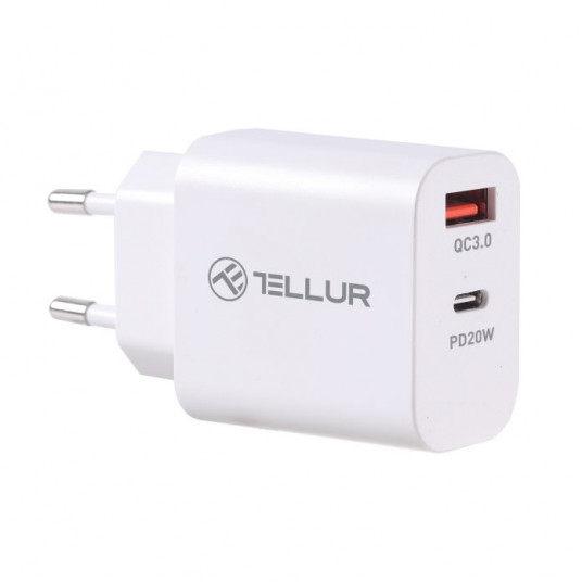  Tellur Dual Port Wall Charger PDHC PD 20W + QC3,0 18W White 