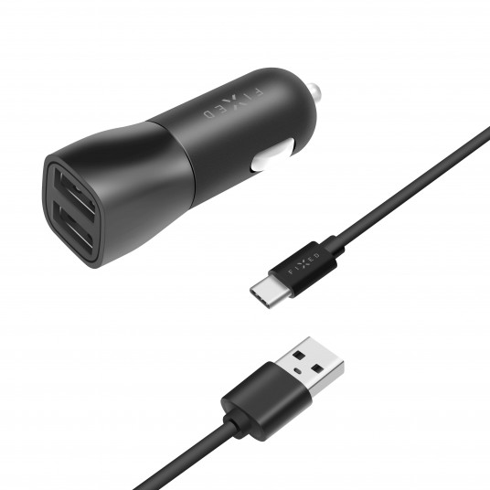  FIXED Dual USB Car Charger 15W+ USB/USB-C Cable, Black 